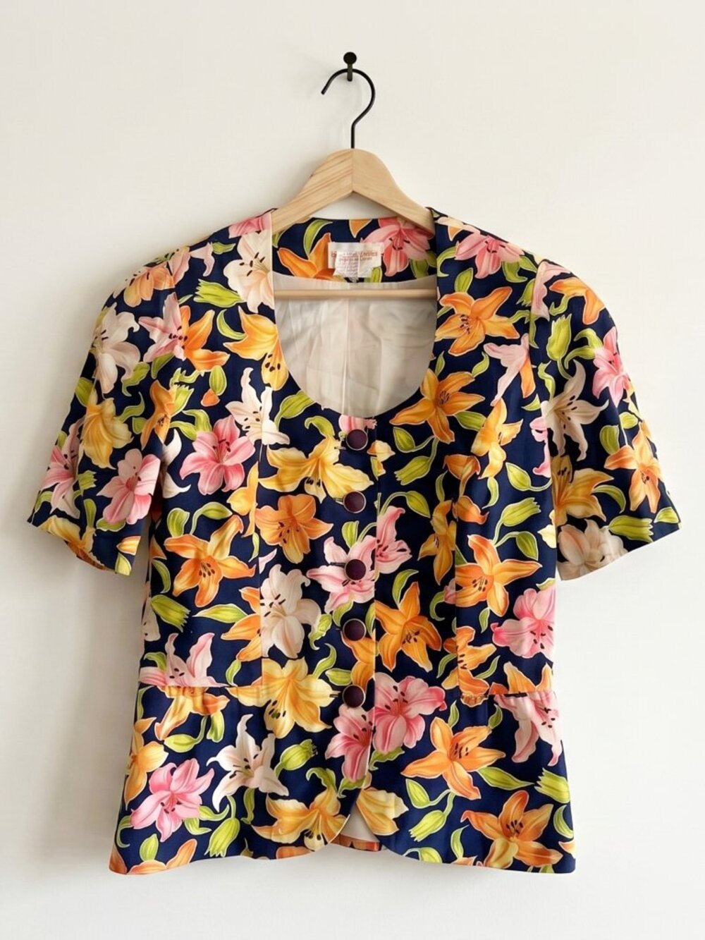 Vintage David Warren NY Navy Lily Floral Peplum Top Cotton Size 12